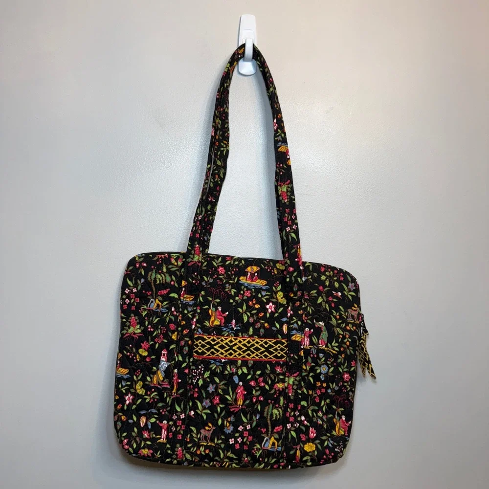 Vera Bradley Vintage Ming Print Quilted Laptop Bag Black Floral Tech Tote Zip Up